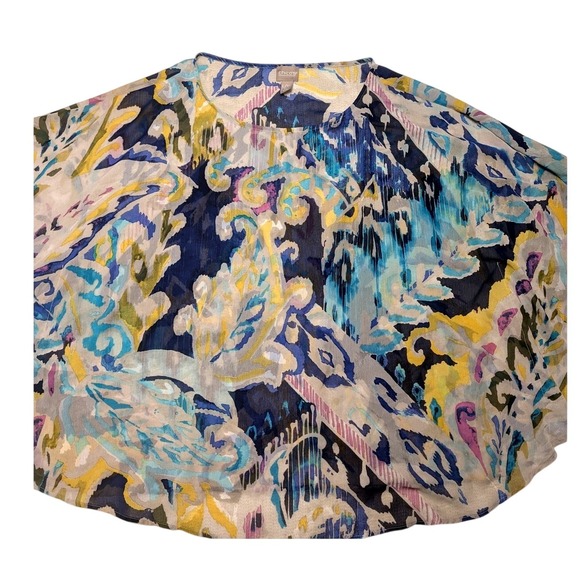 Chico's Women's Batwing Blouse Silk‎ Sheer Top Abstract Print Blue Yellow L/XL - Picture 3 of 6
